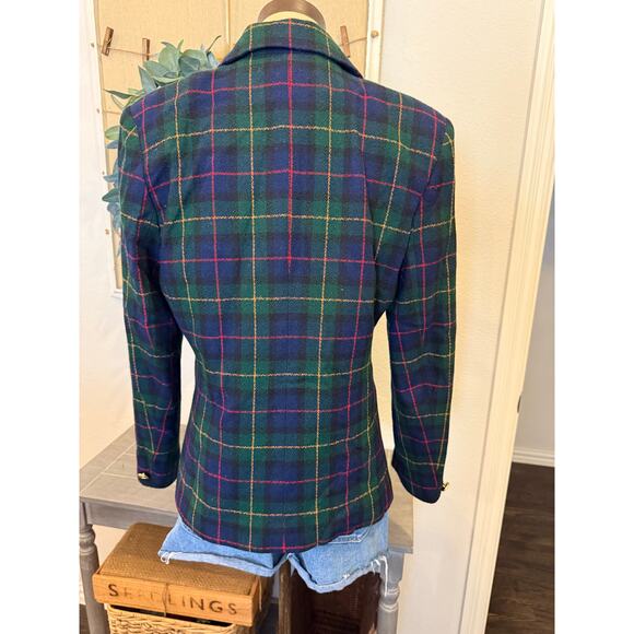 JOAN LESLIE Plaid Blazer Coat Jacket Women size 10 Navy Green Holidays Tartan - Picture 6 of 10